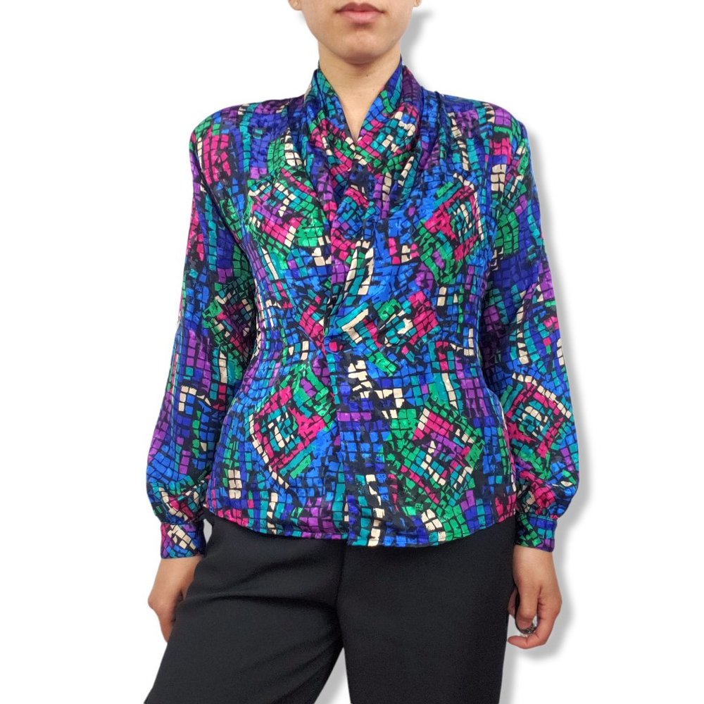 Vintage 80's Eva Laurel Multicolored Art Deco Satin Shirt/Blazer Size 6P